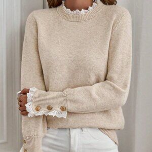 Apricot Casual Women's Floral Trim Crew Neck Long Sleeve Knitted Sweater